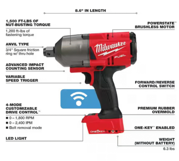milwaukee – llave de impacto 3/4" m18 fuel (kit con 2 baterías, cargador y bolsa)