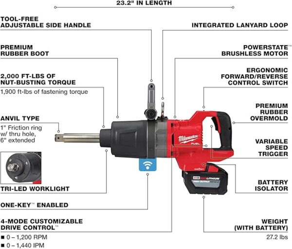 milwaukee – llave de impacto 1" m18 fuel (vástago largo)